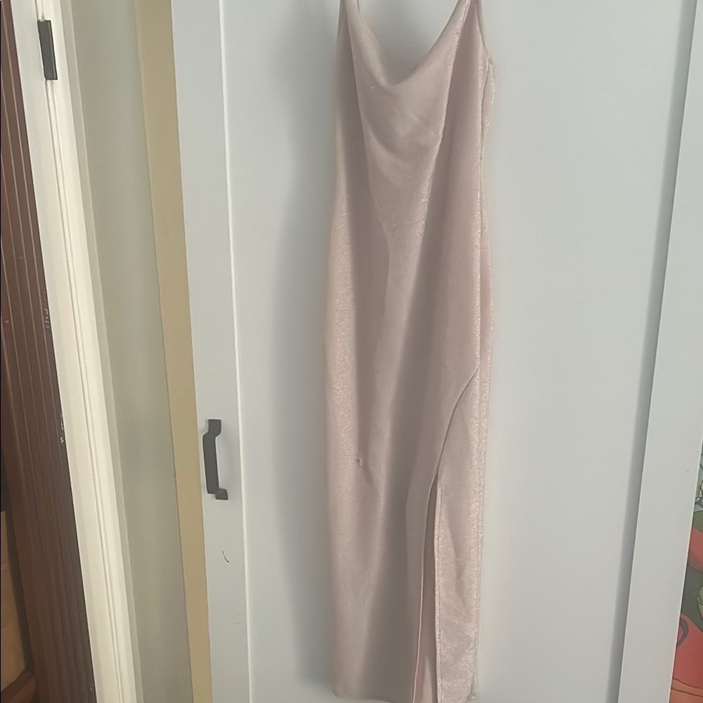 Liz & Sara Shimmery Pink Slip Evening Gown with slit FITS ALL BODY SHAPES